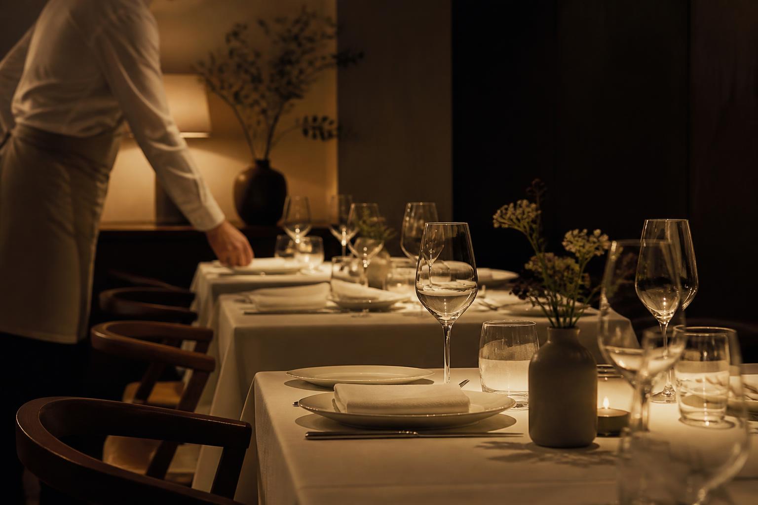 A warmly lit restaurant table prepared for service